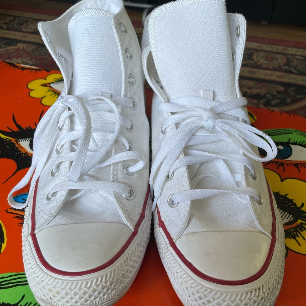 Converse White High-Top Sneakers with Red and blue Trim